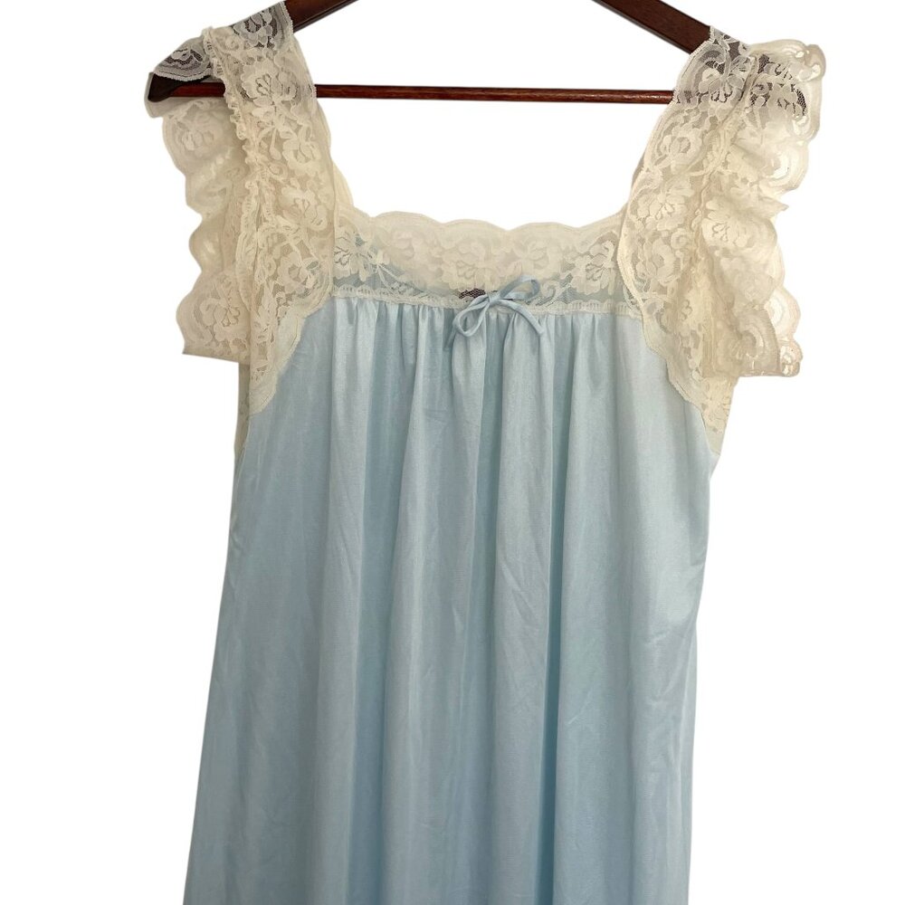 Vintage 70s Diane Von Furstenberg Maxi Nightgown Small S Baby Blue Lace Trim Bow
